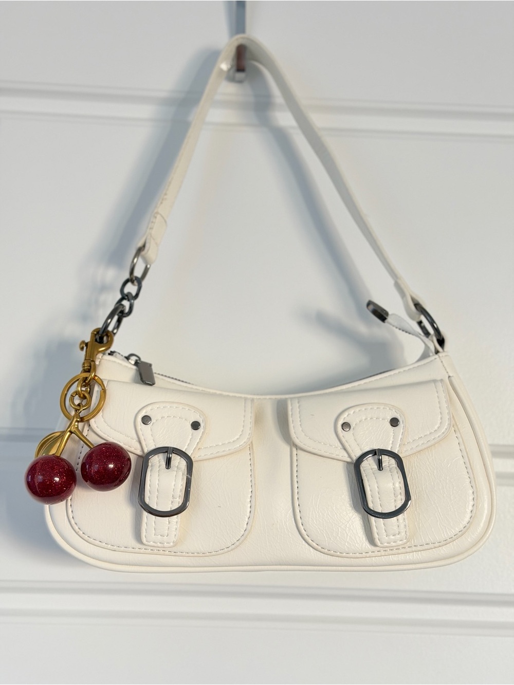 Cream Shoulder Bag with Decorative Cherry Charm